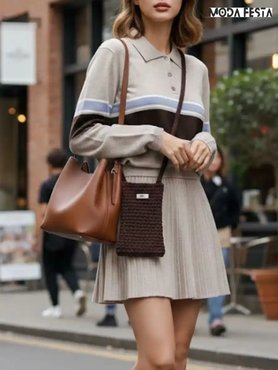 ModaFesta -striped-polo-neck-skirt coored-set-beige